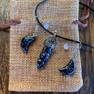 Snowflake Obsidian Necklace Obsidian Moon Earrings Matching Crystal Jewelry Set
